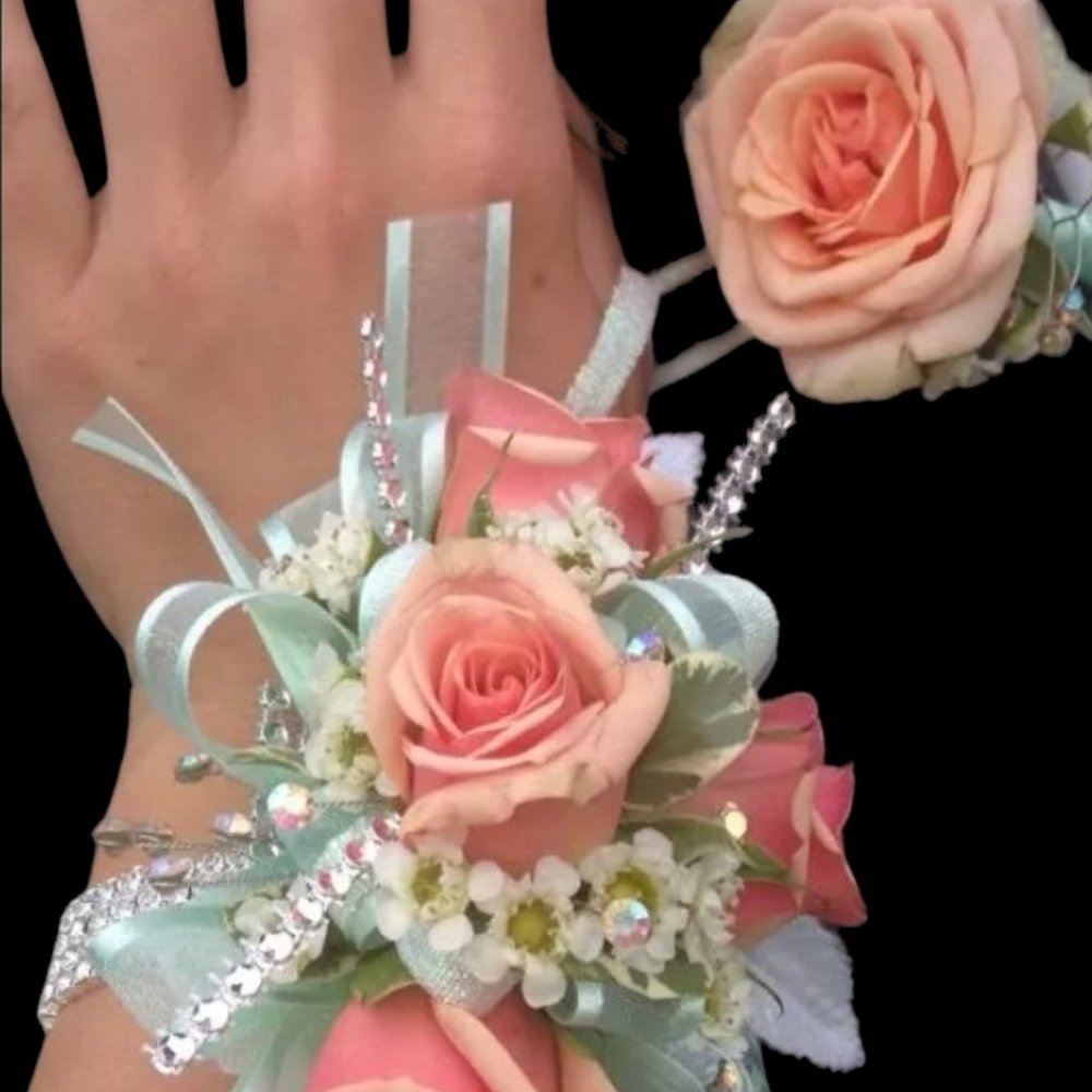 Teal & Baby Pink Rose Glitz  Prom Corsage & Boutonniere Set